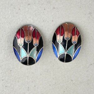 Vintage Cloisonne' Earrings Clip on 1980s Abstract Tulip Flower Art to Wear